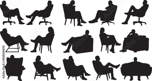 Silhouettes of people sitting on various chairs and sofas in different relaxed postures