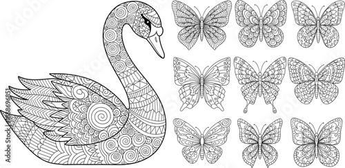 Intricate black and white vector line art set featuring a large ornamental swan and nine detailed butterflies with complex floral and geometric patterns.