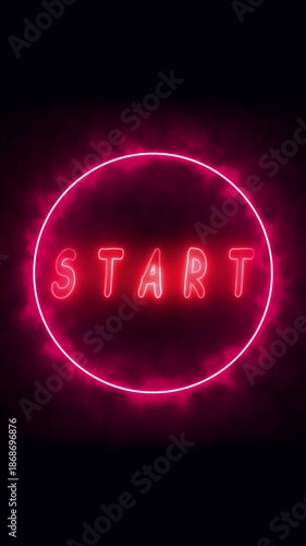 Neon start animation vertical video glowing pink circle motion graphics particle effects. Animated start button vertical video neon pink circle intro opener title sequence seamless loop.