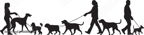 Silhouettes of people walking dogs of various sizes on leashes