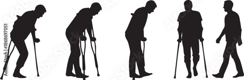 Silhouettes of people walking with crutches in a sequence from hunched to upright posture