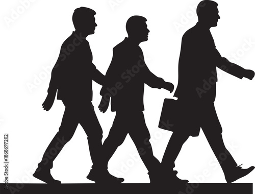 Three black silhouettes of men walking side by side with one holding a briefcase