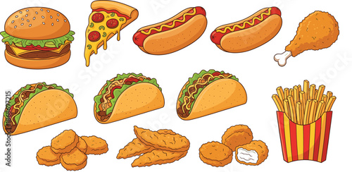 Vector illustration set of fast food icons featuring a hamburger pizza slice hot dogs tacos fried chicken leg nuggets and french fries.