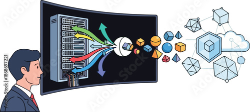 Businessman Analyzing Data Visualization and Cloud Computing Concepts.