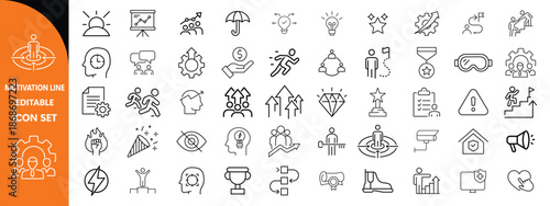 Motivation line editable icon set. Containing personal growth, goal setting, perseverance, achievement, teamwork, passion, thumbs up, and more. Motivation  big icon set design . 