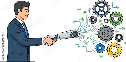 Businessman shaking hands with a robot arm symbolizing artificial intelligence and partnership.