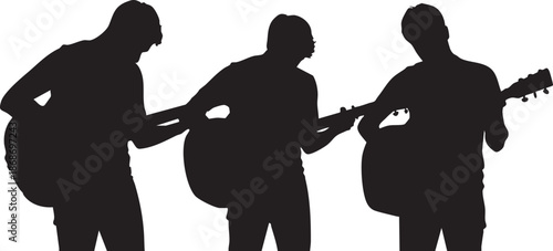 Three black silhouettes of musicians playing guitars and a double bass on a white background