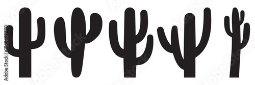 Cactus Icon Vector Set – Black Silhouette Desert Plant Symbols in Flat Design Isolated 
on White