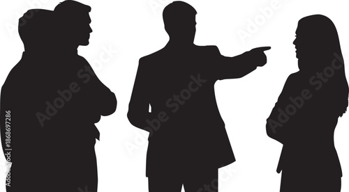 Three black silhouettes of people arguing with one pointing finger extended