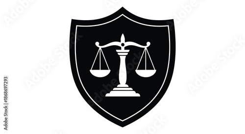 A striking black shield emblem displays a white scale of justice symbolizing law and legal principles silhouette