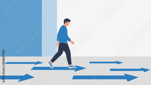 Man walks on arrows, choosing direction, concept of decision making and path.