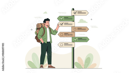 Man with backpack choosing direction at signpost with multiple arrows and checkboxes