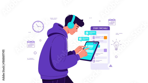 Teenager with headphones using tablet for online learning and study timetable