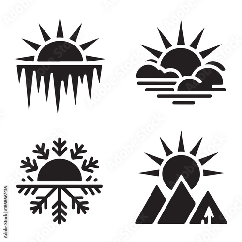 Winter sunrise sun over frozen landscape silhouette design