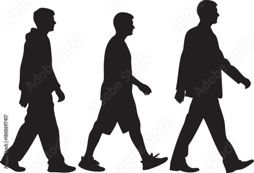 Three black silhouettes of people walking in different styles and clothing 1