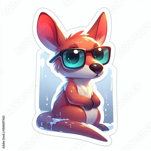 Cute fox character wearing sunglasses sitting pose sticker design with gradient colors and white border on light background