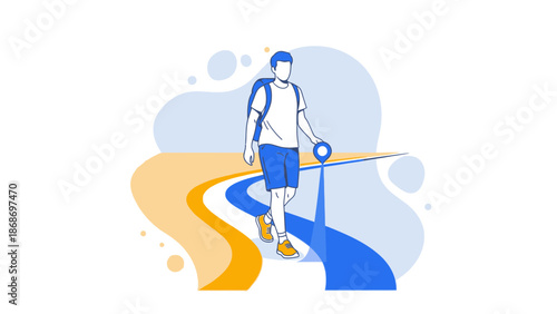 Man with Backpack Walking on Path with Map Pin Icon, Adventure and Navigation Concept