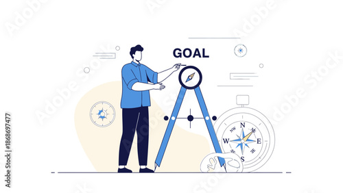 Man with compass and compasses aiming for goal, business strategy and planning concept