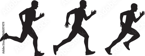Three black silhouettes of runners in dynamic motion against a white background running
