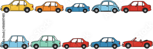 Collection of colorful compact cars and small vehicles illustrated in various styles, colors, and shapes in side view