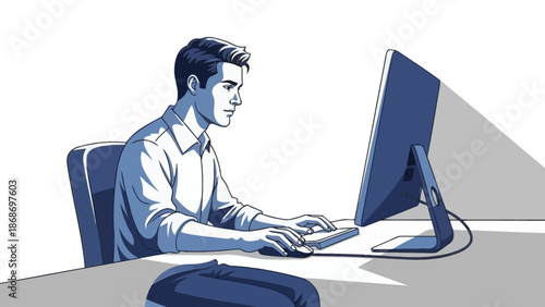 Man working on computer, focused on screen, digital illustration