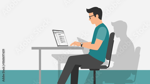 Man working on laptop at desk, office worker, remote work, freelance, study, digital nomad