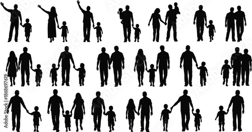 "Black Silhouettes of Families in Various Poses Including Parents and Children Walking, Holding Hands, and Expressing Togetherness"
