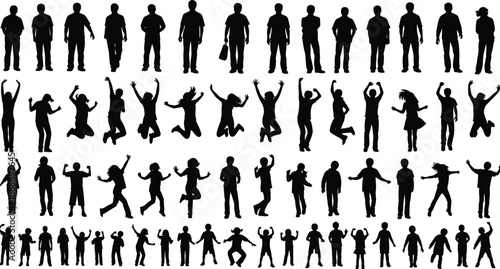 "Black Silhouettes of People and Children in Varied Standing, Jumping, and Dancing Poses Expressing Motion, Joy, and Body Language Diversity"