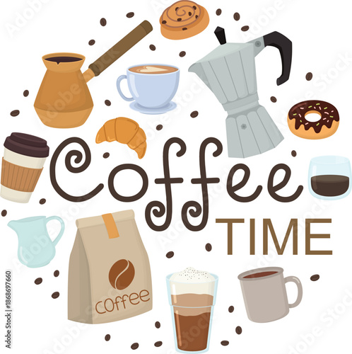 Coffee time round design for banner or card. Set of colorful baristas elements