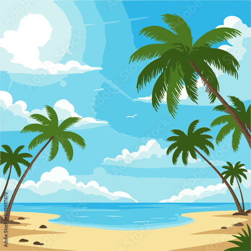 Tropical beach scene with vibrant colors and a sunny sky. Lush palm trees sway gently over the sandy beach, with gentle waves lapping at the shore.
