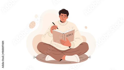 Man Writing Goals in a Journal, Planning Future, Setting Objectives, Self-Improvement, Mindful Living