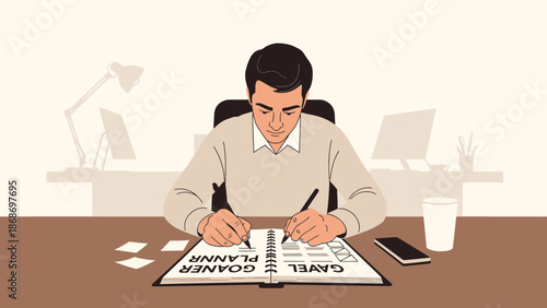 Man writing goals in planner notebook at desk, planning business strategy, focused work