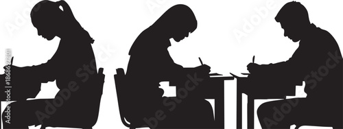 Three people sitting at desks writing or in a classroom setting as black silhouettes