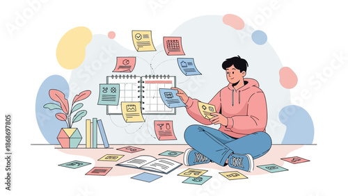 Person organizing tasks on calendar with sticky notes, planning and productivity concept
