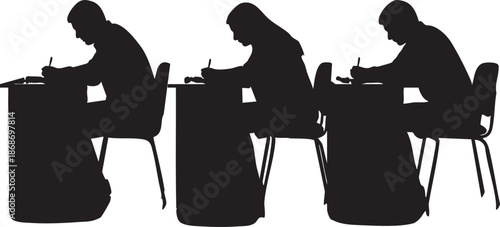 Three people sitting at desks writing on paper in a classroom setting with black silhouettes