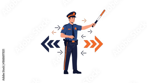 Police Officer Directing Traffic with Baton and Arrows