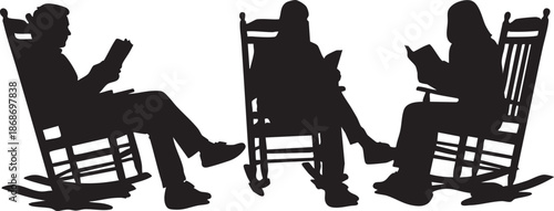 Three people sitting in rocking chairs reading books silhouette