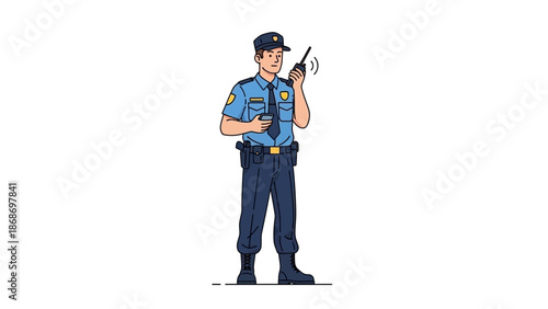 Police Officer with Walkie-Talkie and Coffee Cup, Standing and Communicating
