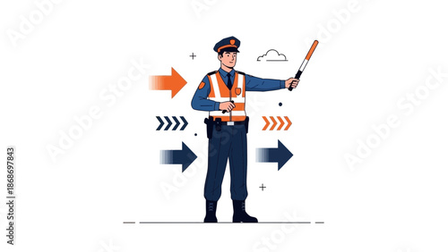 Police Officer Directing Traffic with Signal Baton and Arrows