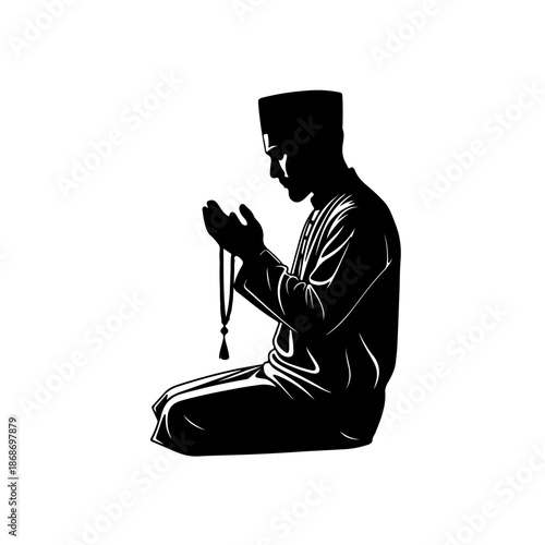 Muslim man silhouette praying with rosary beads isolated on transparent background