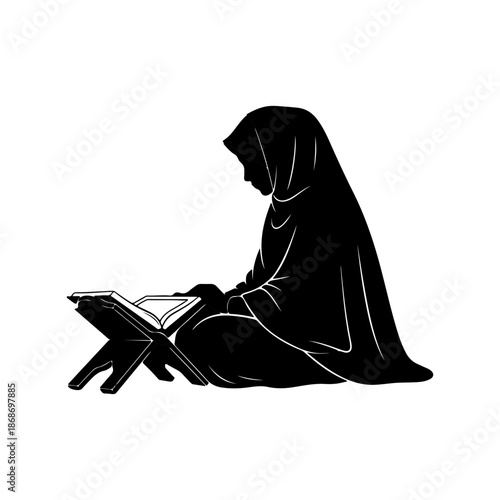 Muslim woman reading quran silhouette isolated on transparent background