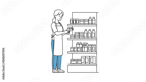 Retail worker checking products on shelf, stock management, line art illustration