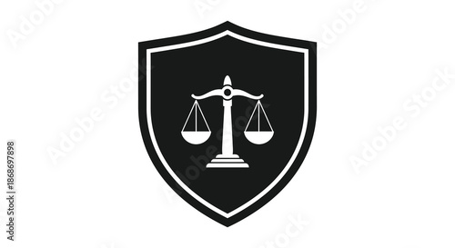 A striking emblem featuring a shield with scales of justice presented as a bold silhouette