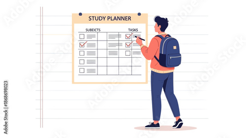 Student planning tasks and subjects on a study planner board with checklist