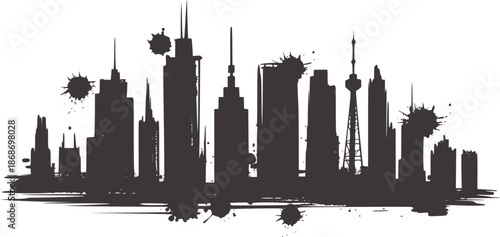 Black city skyline silhouette with splatter effects