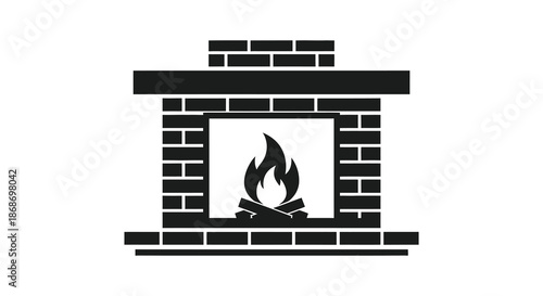 A classic brick fireplace with a glowing fire inside presented as a striking black silhouette
