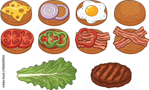 Vector illustration set of hamburger ingredients featuring buns meat patties cheese eggs bacon lettuce tomatoes onions and peppers for customizable gourmet burgers.