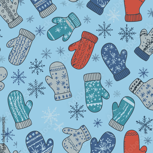 Winter mitten pattern featuring various colors and designs on a light blue background with snowflakes.