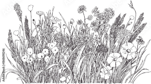 Detailed black and botanical of wildflowers and grasses line