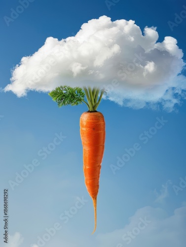 A single carrot floating beneath a white cloud against blue sky. AI-generated.